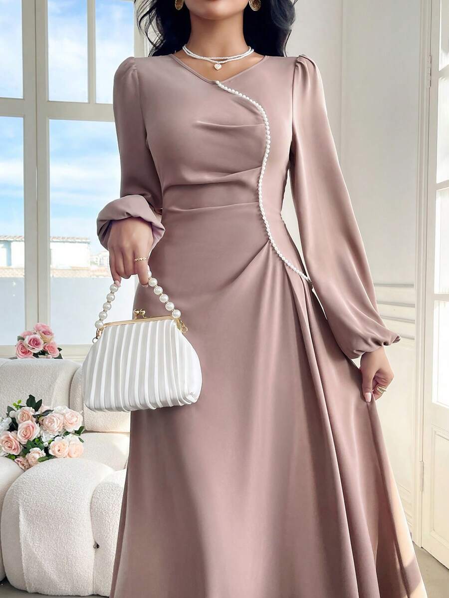 Modelyn 珍珠串珠长款灯笼袖褶饰休闲阿拉伯朴素连衣裙长款晚礼服 - 粉色 - 查看 1