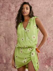 COSMINA Hellgrüner Chiffon Stoff mit roten Pailletten und Metallfäden, bestickt, hochwertiges Handwerksgewebe, elegante, sexy ärmellose Bluse mit plissierten Schultern, Schleife an der Seite, Polsterschultern - Lindgrün - Übersicht 7