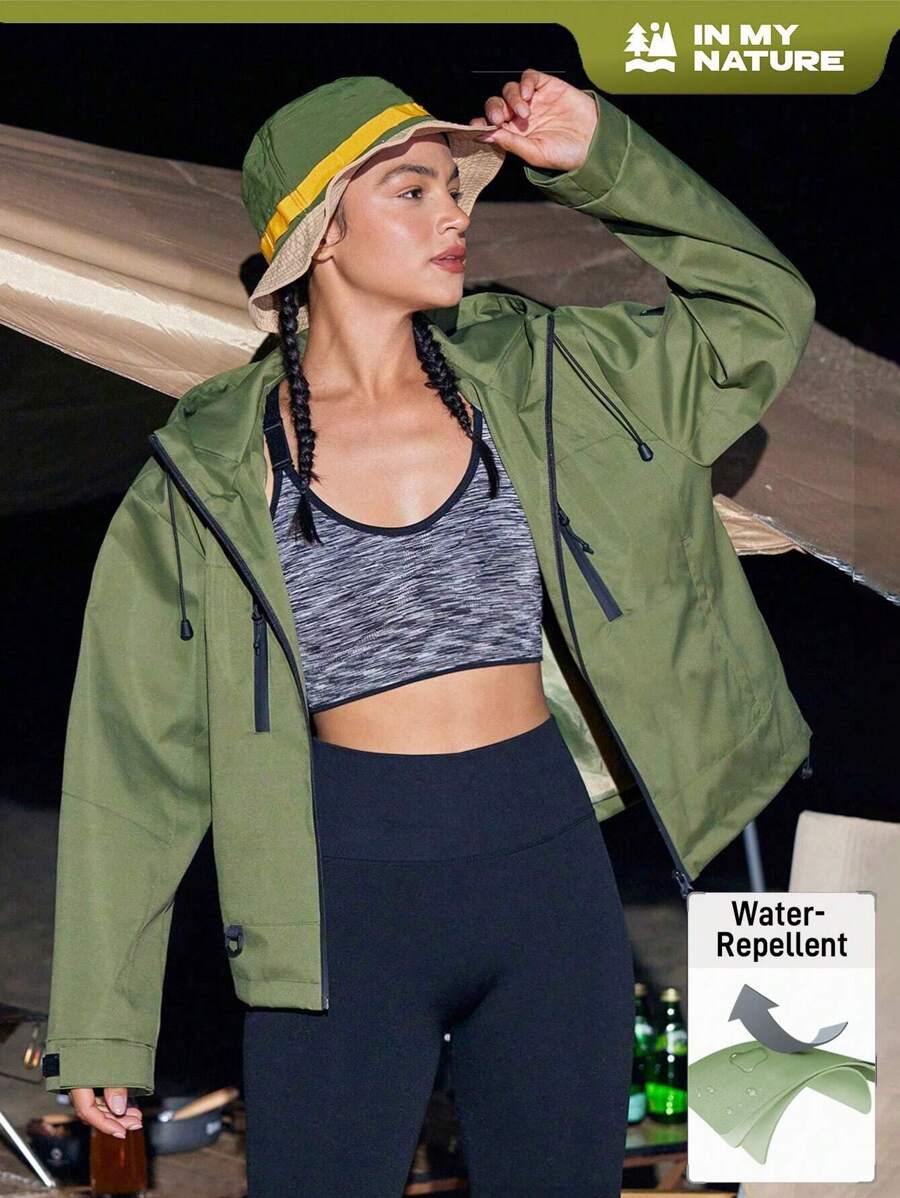 In My Nature Zip Up Hooded Windbreaker Jacket For Dailywear - Army Green - View 1
