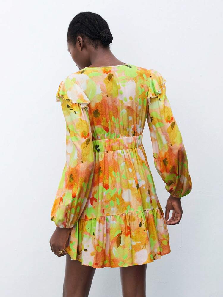 SHEIN Maija Women V-Neck Long Sleeve Casual Printed Mini Dress