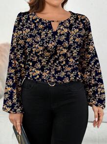 SHEIN Clasi Blusa verde de manga farol con cuello de ojo de cerradura para tallas grandes - Negro - Ver 5