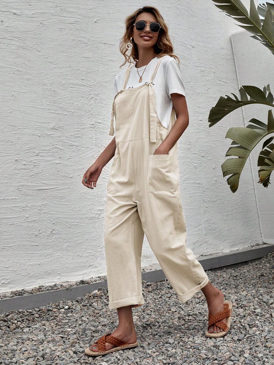 SHEIN LUNE Solid Color Overall Jumpsuit With Pockets And Straps - Beige - View 1