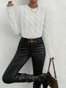 Chiquease Plain Crew Neck Long Sleeve Casual Pullover Sweater - White - View 7