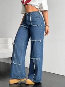 SHEIN MOD 女式宽腿毛边口袋休闲宽松牛仔裤 - 深色水洗藍 - 查看 5