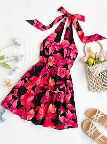 Soleia Holiday Halter Neck Backless A-Line Dress With Waist Cinch - Multicolor - View 1