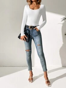 SHEIN Tall 大圓領修身T恤 - 白色 - 查看 4