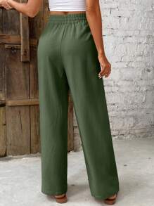 SHEIN Frenchy Women Solid Color Waist Tie Loose Straight Leg Casual Pants - Green - View 2