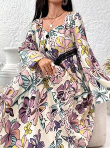 Al Najma Elegante, losse, bescheiden jurk met lange mouwen en willekeurige bloemenprint voor dames