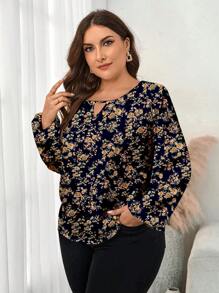 SHEIN Clasi Blusa verde de manga farol con cuello de ojo de cerradura para tallas grandes - Negro - Ver 3