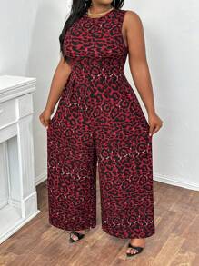 Slaydiva Plus Size Dzianinowy kombinezon z zabudowanym dekoltem, bez rękawów i nadrukiem w panterkę oraz z szerokimi nogawkami