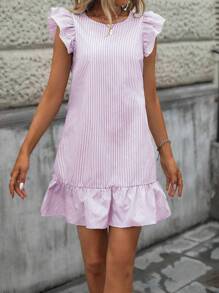 SHEIN LUNE Váy mini tay bồng họa tiết sọc đơn giản mặc hàng ngày dành cho nữ - Hồng - Xem 5