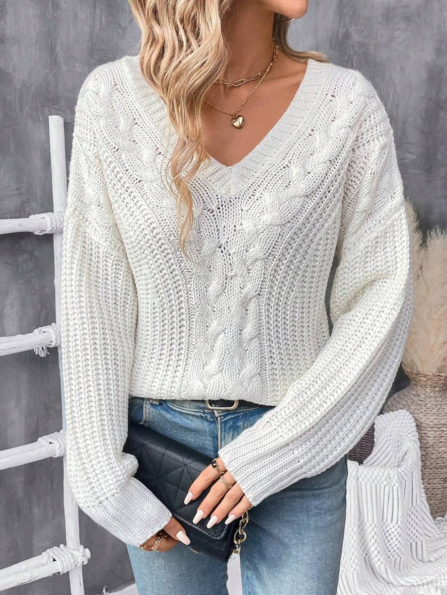 Chiquease Damski sweter w jednolitym kolorze, z prostym dekoltem w kształcie litery V i luźną dzianiną