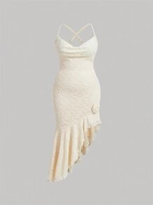 SHEIN MOD Plus size retro paleis diep gedrapeerde nek gekruiste band 3D bloemendecor uitsparing ruche zoom kanten textuur jurk
