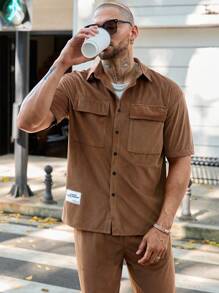 Manfinity Homme Men's Summer Solid Color Cargo Pocket Short Sleeve Shirt And Casual Pants Set - Camel - View 5