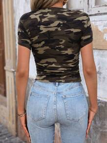 SHEIN LUNE 女式秋季紧身迷彩印花短款上衣休闲运动 T 恤 - 軍綠色 - 查看 2