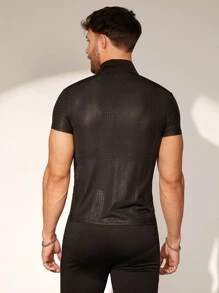 FeverCity Men's Polyamide Stretch Snake Texture Slim Fit Short Sleeve Shirt, Summer - Black - View 3