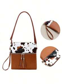 1PC Vintage Animal Print Women's Crossbody Bags For Gift, Casual Cow Pattern Shoulder Bag For Daily Used, Ladies Handbags With Wristlet