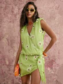 COSMINA Hellgrüner Chiffon Stoff mit roten Pailletten und Metallfäden, bestickt, hochwertiges Handwerksgewebe, elegante, sexy ärmellose Bluse mit plissierten Schultern, Schleife an der Seite, Polsterschultern - Lindgrün - Übersicht 6