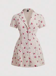 SHEIN MOD Vestido corto de apertura frontal con cuello de solapa, estampado de cerezas y pana vintage en talla grande en color caqui