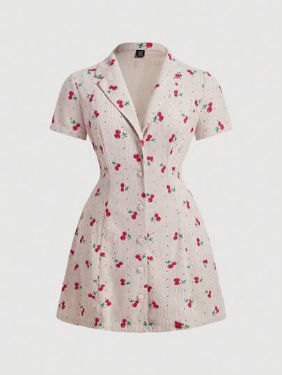 SHEIN MOD 大码卡其色复古灯芯绒樱桃印花翻领前开短裙