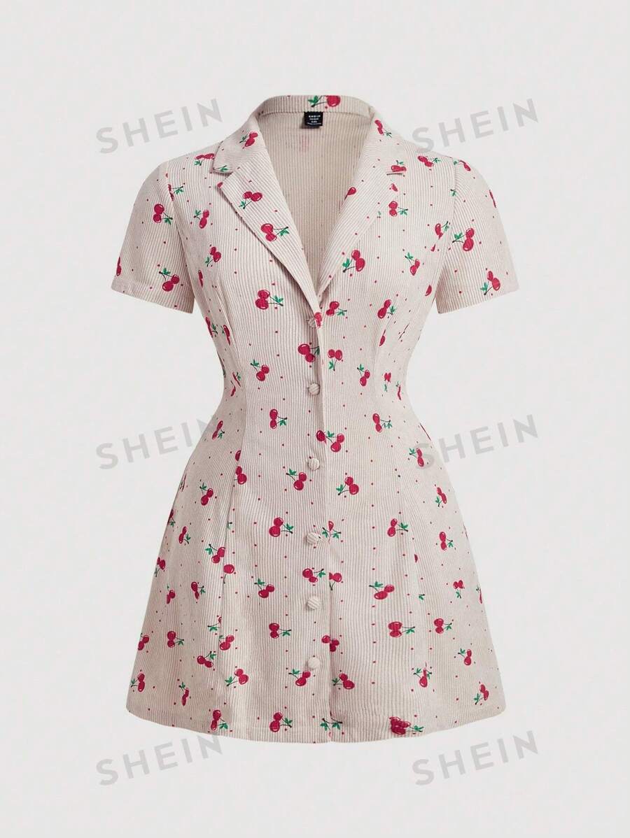 SHEIN MOD Vestido corto de apertura frontal con cuello de solapa, estampado de cerezas y pana vintage en talla grande en color caqui