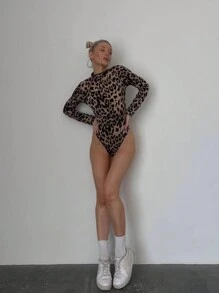 INAWLY Women's Spring&Summer Leopard Print Stand Collar Long Sleeve Bodysuit