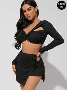 SHEIN Unity 纏繞式短上衣與綁帶包裙套裝 - 黑色 - 查看 1