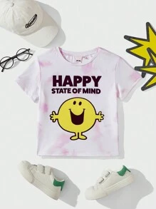 Mr Men Little Miss X SHEIN Young Boy Tie Dye Casual Short Sleeve T-Shirt With Letter And Smiling Face Print