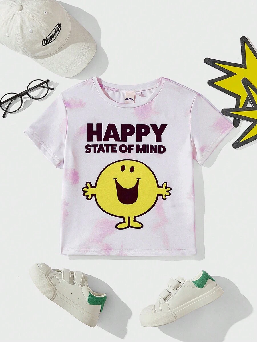 Mr Men Little Miss X SHEIN Young Boy Tie Dye Casual Short Sleeve T-Shirt With Letter And Smiling Face Print