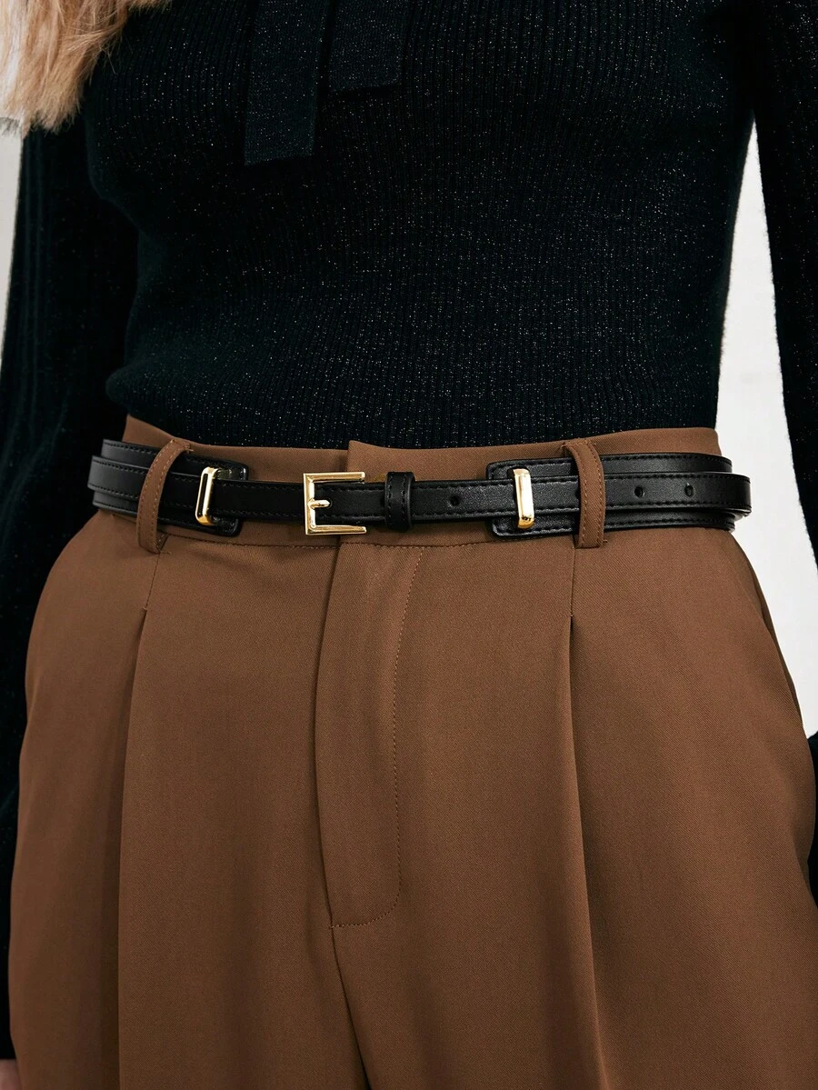 MOTF PREMIUM WOMEN'S 1PC BLACK STREET STYLE DAILY COMMUTE DOUBLE-LAYERED METAL BELT, SUITABLE FOR WORK,SCHOOL - Black - View 1