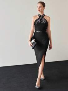 MOTF PREMIUM VÁY CỔ CỔ ĐÍNH HẠT Cườm RHINESTONE - màu đen - Xem 9