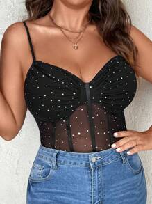 NU&NOW Bodysuit Renda Tanpa Lengan Ukuran Besar dengan Tali Bahu Tipis, Tanpa Punggung, dan Dekorasi Berkilau - Hitam - View 5