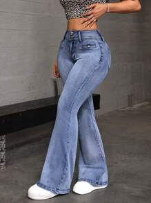 SHEIN EZwear 女士喇叭休闲百搭牛仔裤 - 藍色 - 查看 2
