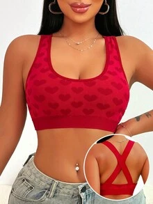 Women's Simple Heart Print Seamless Criss-Cross Bra - Burgundy - View 2