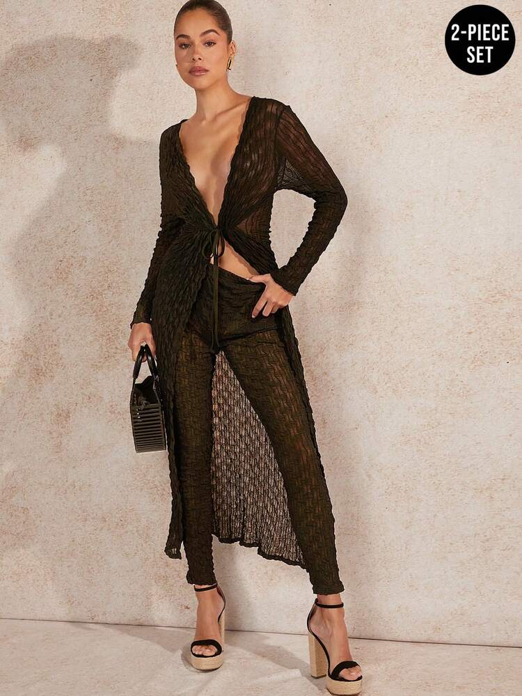 Textured Tie Cardigan & Leggings Two Pieces Set
