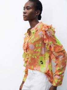 Maija Blusa de manga larga con estampado todo sobre y dobladillo con volantes, informal, primavera/verano para mujer - Amarillo - Ver 4