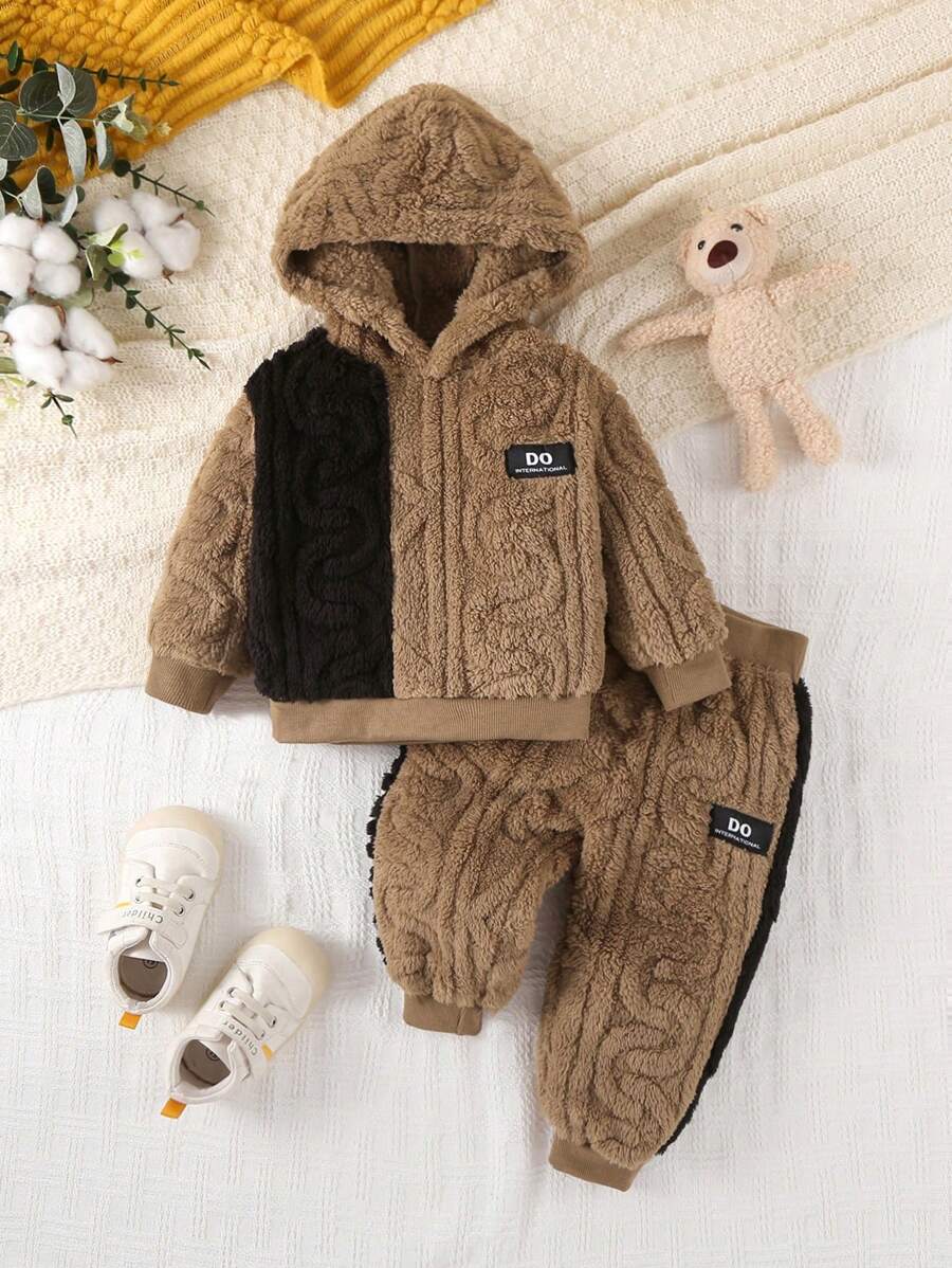 Baby Boy Colorblock Fuzzy Hooded Sweatshirt Set, Autumn/Winter - Khaki - View 1