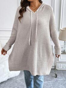 Calvaya Plus Size Solid Color Side Slit Long Length Hooded Knit Sweater Knit Pullover Fall Winter Outfit