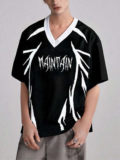 Prep Herren V-Ausschnitt Kontrastfarben Buchstaben bedrucktes Kurzarm Strickoberteil für lässigen Look