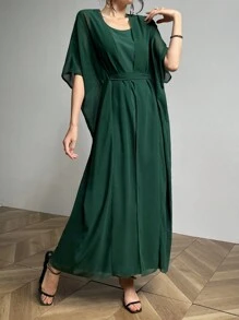 Modelyn 2pcs Women's Solid Color Minimalist Casual Mesh Vest Dress Set - Dark Green - View 5