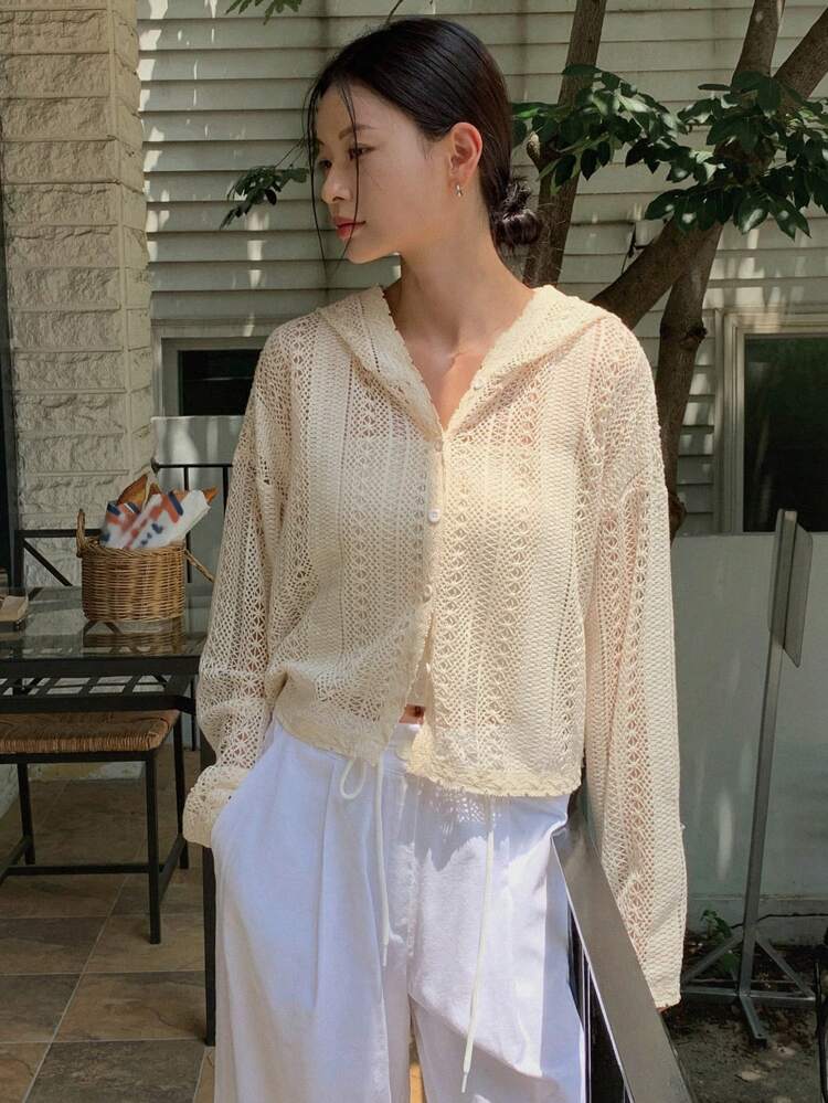 Drop Shoulder Button Front Hooded Tee Sheer Long Sleeve Women Tops