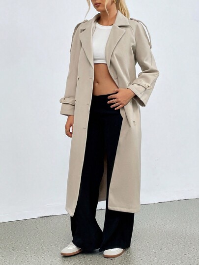 TRNVIE Abrigo largo de lana de doble botonadura de unicolor para mujeres, otoño e invierno