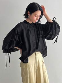 FRIFUL 夏季休閒純色提篮袖襯衫 - 黑色 - 查看 13