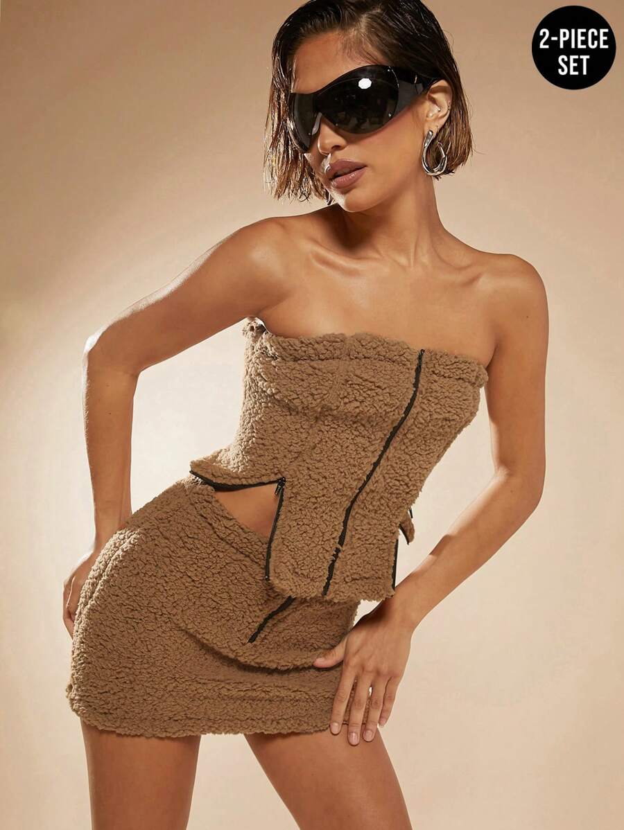 Hauture Zip Up Teddy Tube Top & Skirt Two Piece Set - Camel - View 1