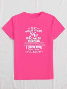 INAWLY Women's Casual Round Neck Short Sleeve T-Shirt With 'Don't Underestimate Me' Slogan And Letter Print Graphic Tees Women Tops - Hot Pink - View 3