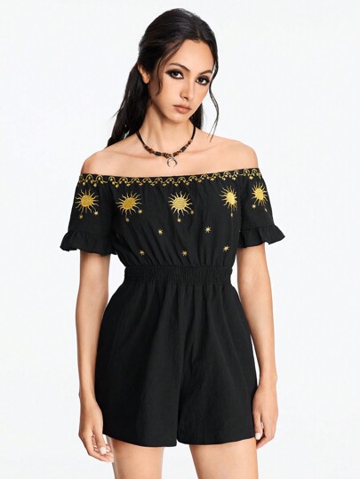 Hippie Combi-short à épaules dénudées avec design de lune et d'étoile brodé pour femmes, style décontracté pour vacances