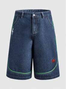ROMWE MEN Men's Baggy Denim 3/4 Pants With Contrast Line And Embroidered Graphic, Streetwear Style