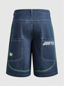 ROMWE MEN Men's Baggy Denim 3/4 Pants With Contrast Line And Embroidered Graphic, Streetwear Style