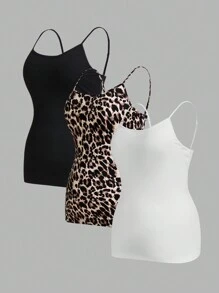 SHEIN Essnce 大码女装三件套，女士西装上衣，秋季打底外套豹纹吊带上衣，黑色上衣，白色上衣，可内搭，豹纹秋季女装上衣，秋季女装大码万圣节服装 - 彩色 - 查看 3