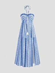 Vestido Feminino Sem Manga para Férias na Praia, Look Feminino Longo de Verão